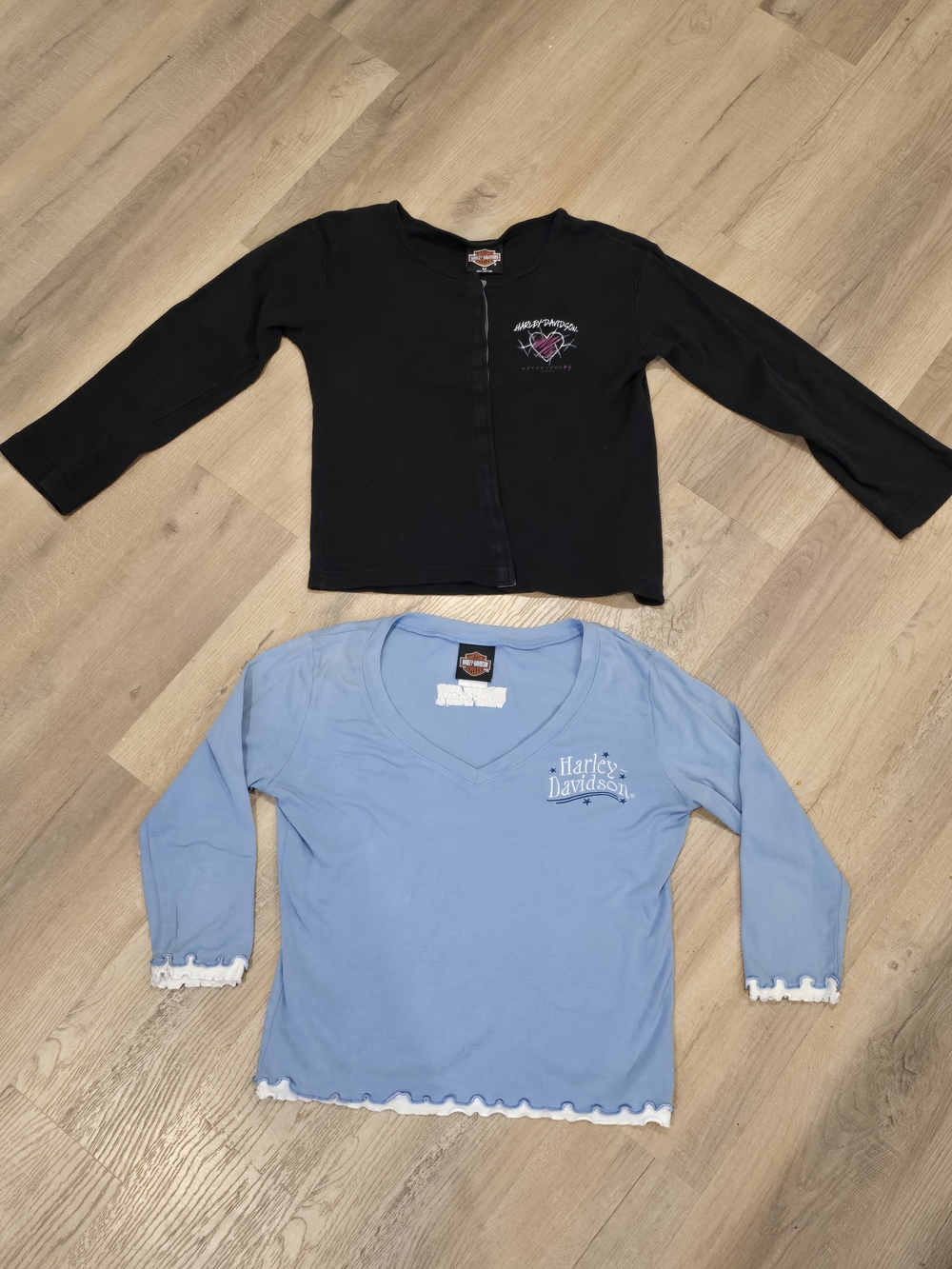 Vintage Harley-Davidson Black Cropped Cardigan & Light Blue V-Neck Tee Set S/M
